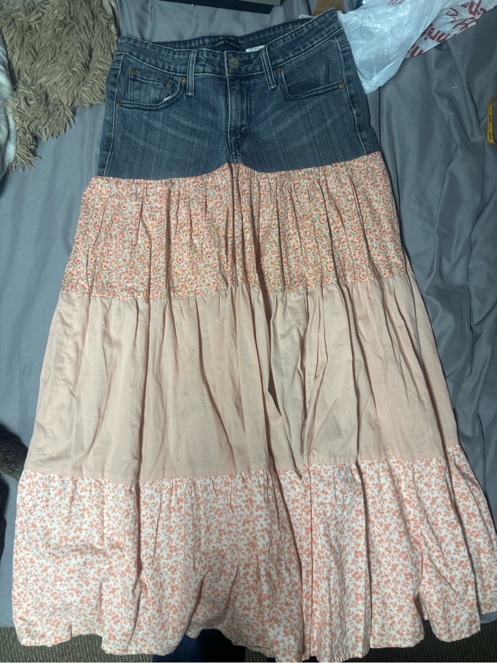 Y2K Levi's Denim Waist Pink Floral Tiered Maxi Skirt